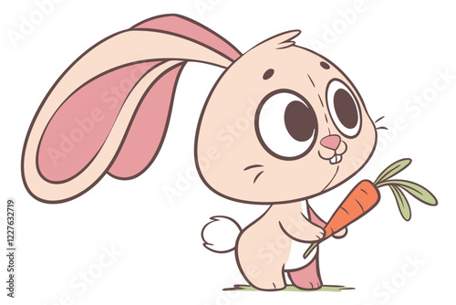 Cute plush bunny toy, soft pastel peach color, large floppy ears, big round eyes, small pink nose, chubby body, kawaii style, chibi proportions, smooth texture, minimalist design, 3D render, studio li