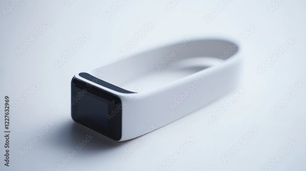Sleek white fitness tracker on a minimalist surface, showcasing modern design and technology Sleek white fitness tracker on a minimalist surface, showcasing modern design and technology