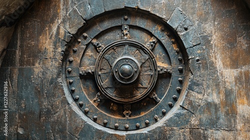 Antique Vault Door Featuring Detailed Turning Wheel Representing Security and Resilience photo