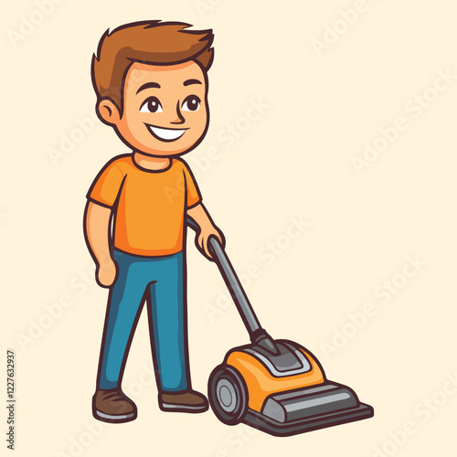 Young Man Cleaning With Vacuum Cleaner Cartoon Vector Icon Illustration