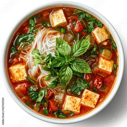 bowl of vibrant bun rieu soup with a tomato-based broth, crab paste, rice noodles, tofu cubes, and fresh herbs photo