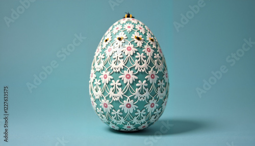 Ornate decorative egg with floral pattern on blue background photo