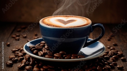 Dark blue ceramic cup of freshly brewed capuccino coffee with a heart-shaped latte-art, cloud of steam and coffee grains on a dark rustic background. Beautiful drinks beverages photo illustration.