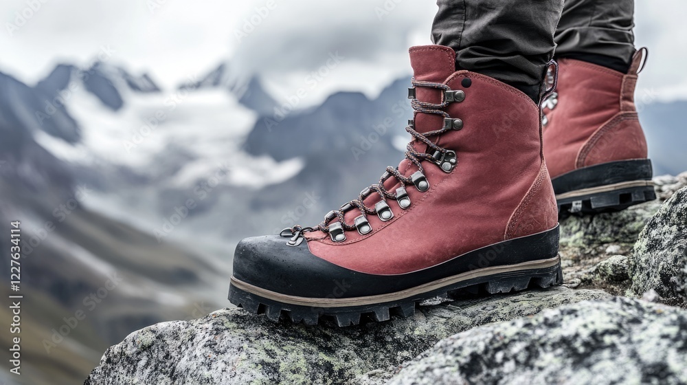Hiker boots close up on rocky surface with mountainous landscape in background showcasing outdoor exploration and adventure equipment Hiker boots close up on rocky surface with mountainous landscape in background showcasing outdoor exploration and adventure equipment