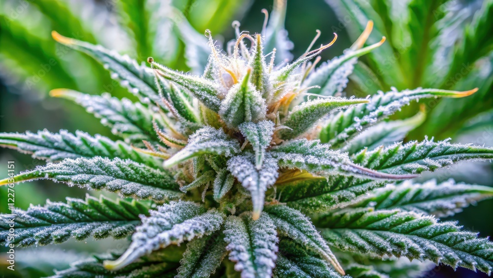 Detailed close-up of a cannabis plant's foliage and crystal trichomes on the surface of its leaves, cannabis, closeup photography Detailed close-up of a cannabis plant's foliage and crystal trichomes on the surface of its leaves, cannabis, closeup photography