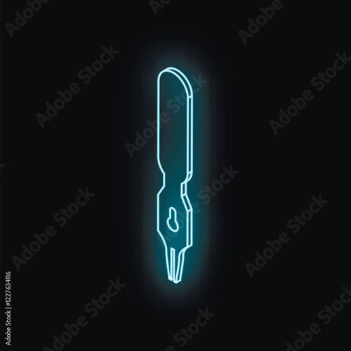 Light blue neon sign of a calligraphy pen nib glowing on a dark background, representing writing, art, and creativity