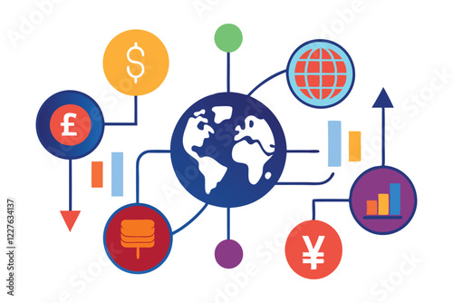 An Illustration of a Global Stock Market Exchange with Symbols and Lines Connecting Various Currencies and Stocks, Vector Illustration, White Background, Financial Trading Concept, Business Economy, photo