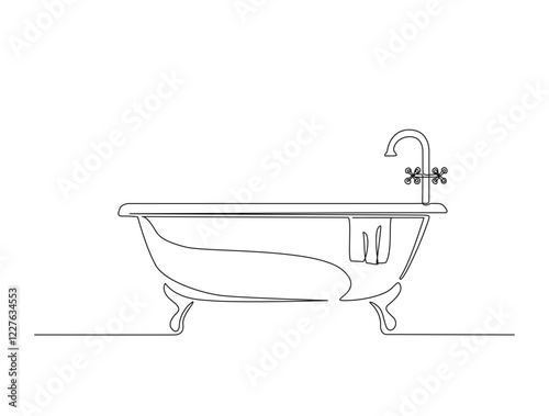 Continuous one line drawing of bathtub design. Simple bath in single line draw illustration. Editable stroke.