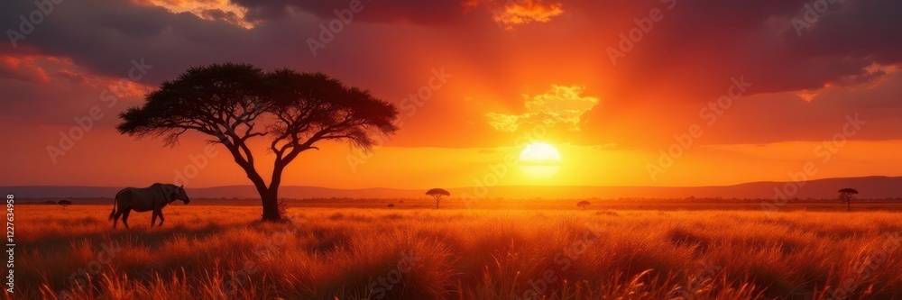 Fototapeta premium Fiery African sunset paints savannah grasses gold, royalty free, africanwildlife