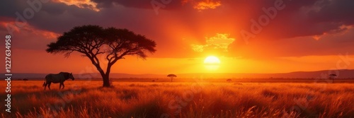 Fiery African sunset paints savannah grasses gold, royalty free, africanwildlife photo