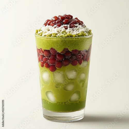 glass of che ba mau dessert with layers of mung beans, pandan jelly, and red beans, topped with crushed ice and coconut milk photo