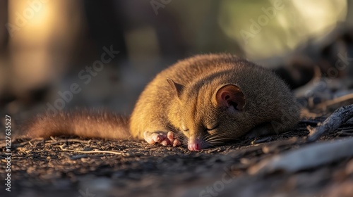 Macro photograph of a brushtail possum resting peacefully on the forest floor in warm sunlight showcasing wildlife tranquility. photo