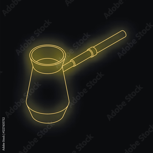 Golden yellow neon outline of cezve is glowing on black background