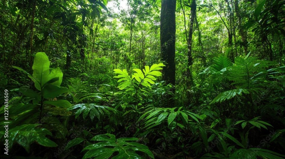 Fototapeta premium Lush tropical forest with vibrant green foliage creating a serene and verdant natural landscape in vertical orientation