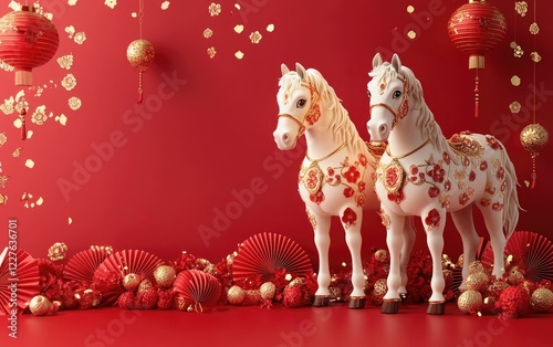 Two white floral-patterned horses surrounded by red decorations, celebrating Chinese New Year