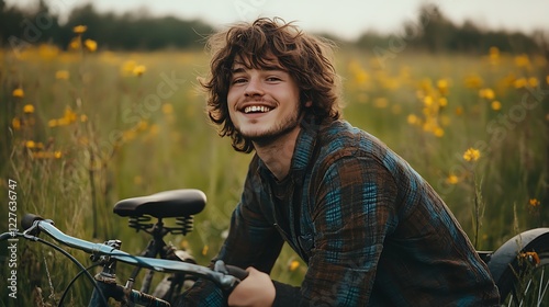 Happy young man with bicycle in a field of flowers.
