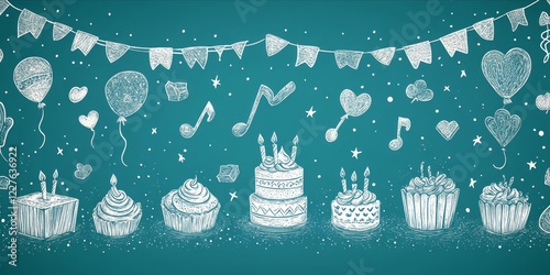 Obraz na płótnie Hand drawn birthday celebration banner featuring cakes, cupcakes, balloons, music notes, hearts, and party flags creating a cheerful and festive atmosphere w salonie