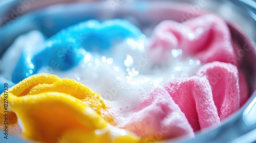 Washing Machine Close Up with Colorful Freshly Washed Clothes and Bubbles in White Detergent on Laundry Day photo