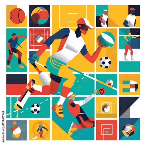 Colorful collage of athletes engaging in various sports activities in a dynamic, artistic style