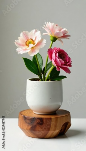 Wallpaper Mural Elegant wooden base supporting a small potted flower arrangement, arrangement, elegant, natural Torontodigital.ca