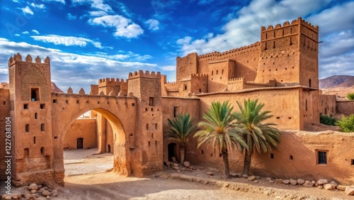 Ancient architecture, stone walls, arches, Islamic art, Ouarzazate, desert landscape, Moroccan Kasbah, landscape