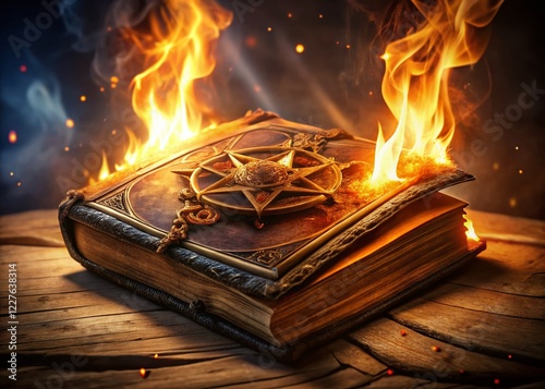 Ancient Grimoire: Open Spellbook with Fire, Left-Aligned, Copy Space photo