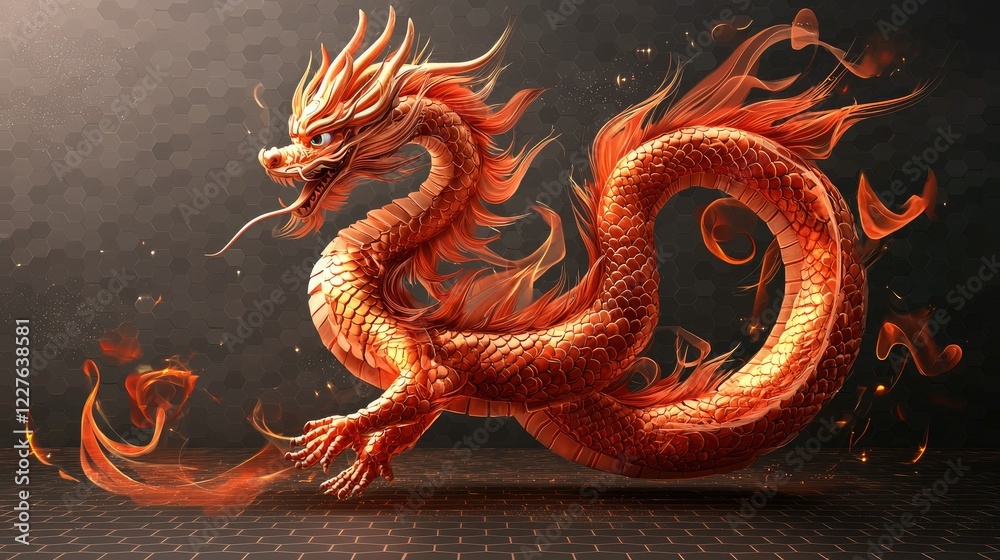 Obraz premium Fiery Orange Dragon Majestically Swirling in Motion