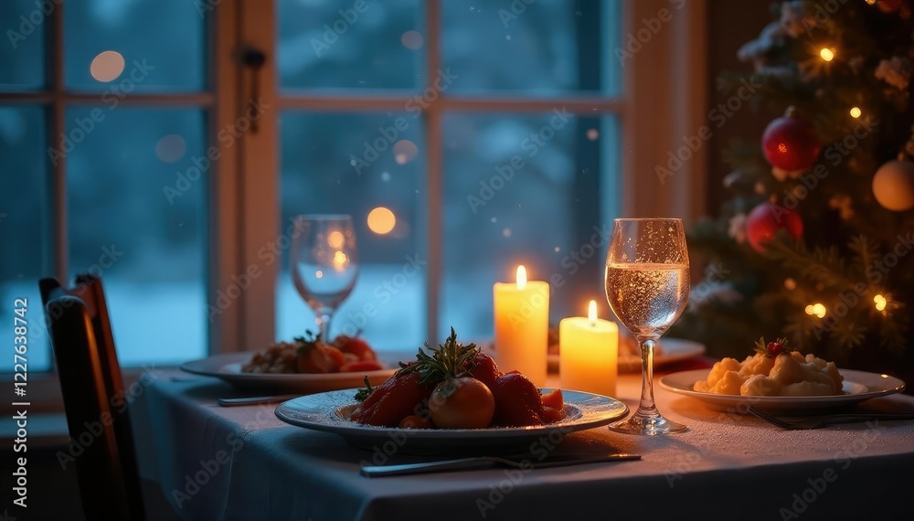 Candlelit dinner with a frosty window backdrop, soft candlelight, wintry ambiance, icy glass Candlelit dinner with a frosty window backdrop, soft candlelight, wintry ambiance, icy glass