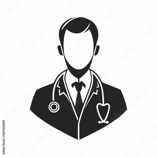 Male doctor icon with stethoscope. Professional healthcare practitioner and medical staff black and white vector illustration