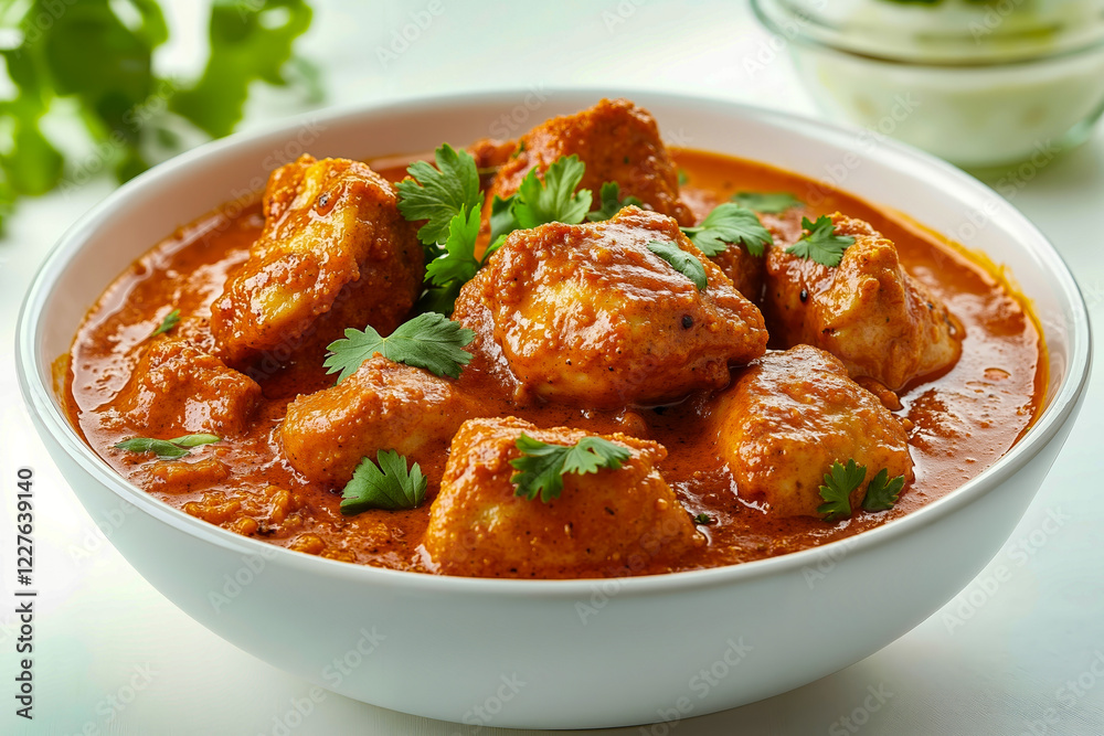 A white bowl filled with chicken curry next to a bowl of sauce A white bowl filled with chicken curry next to a bowl of sauce