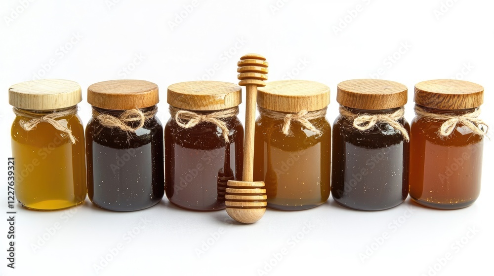 Organic honey assortment in jars with wooden dipper showcasing health benefits, culinary uses, and natural sweetness for wellness enthusiasts. Organic honey assortment in jars with wooden dipper showcasing health benefits, culinary uses, and natural sweetness for wellness enthusiasts.