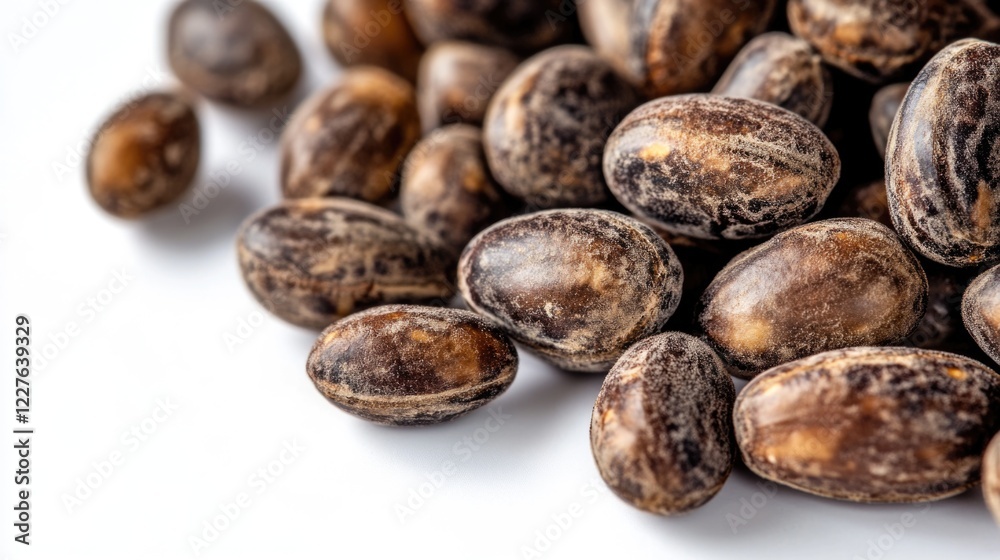 Macro close up of castor beans showcasing texture and color against a clean white background for botanical and natural elements themes Macro close up of castor beans showcasing texture and color against a clean white background for botanical and natural elements themes