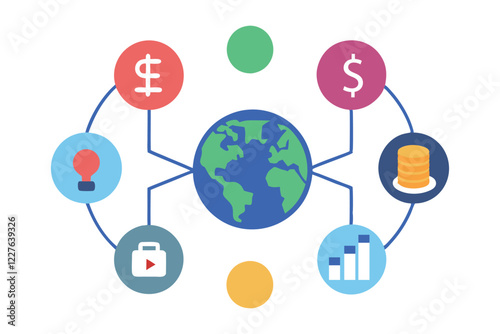  Global Stock Market Exchange Illustration with Currency and Stock Symbols, Lines Connecting Currencies and Stocks, Vector Art, Financial Market Concept, Stock Market, Business, Finance