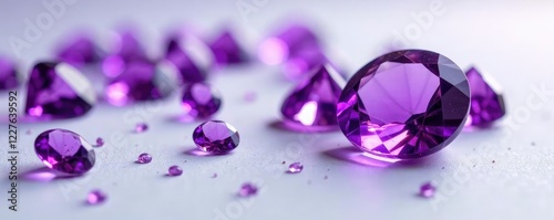 Amethyst gemstones scattered on white surface, amethyst, sparkly