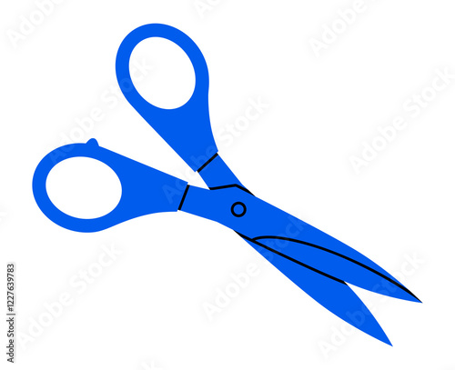 Hand drawn cute cartoon illustration of open scissors. Flat vector shears cutting tool in doodle style. Repair or craft icon or sticker. Haircut symbol. Separation or division sign. Isolated.