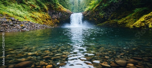 A serene waterfall cascades into a clear pool surrounded by lush greenery, creating a peaceful natural oasis.