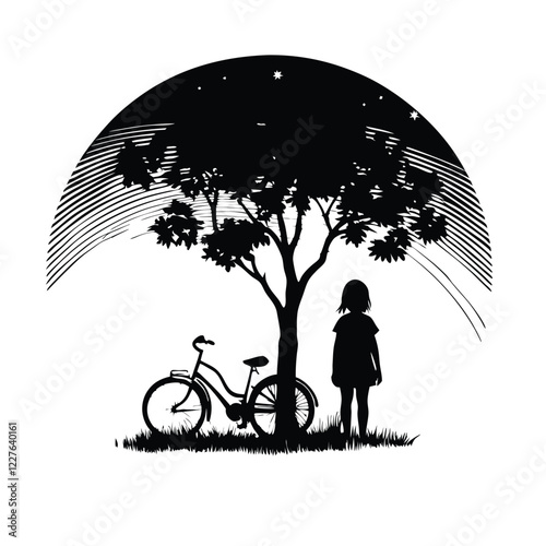 vector silhouette children on a bicycle 