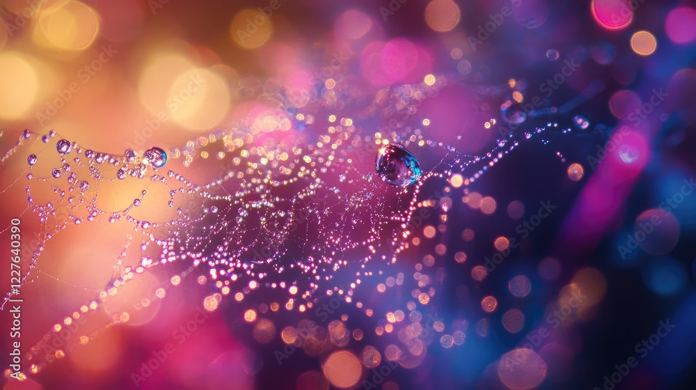 Macro shot of a vibrant dew-covered spider web glistening with droplets against a colorful bokeh background. Macro shot of a vibrant dew-covered spider web glistening with droplets against a colorful bokeh background.