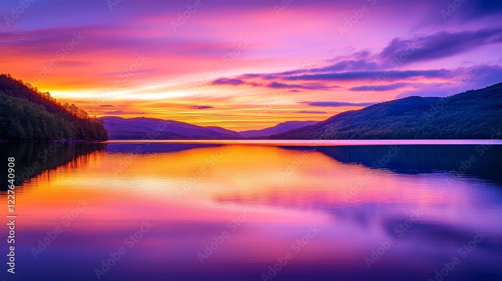 custom made wallpaper toronto digitalSerene sunset over a tranquil lake surrounded by lush hills, reflecting vibrant colors in the water