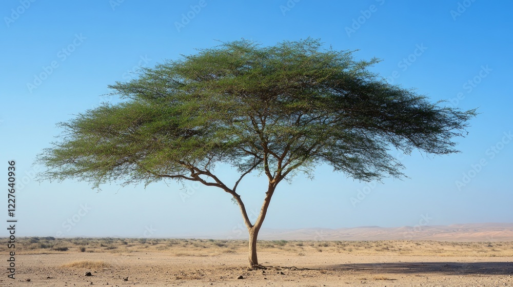 Solitary tree in arid desert landscape under clear blue sky showcasing resilience and beauty in harsh environments. Solitary tree in arid desert landscape under clear blue sky showcasing resilience and beauty in harsh environments.