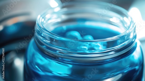 Laundry gel capsules in a blue jar on a washing machine showcasing a close-up of the product and its vibrant packaging. photo