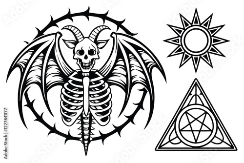 Dark fantasy tattoo designs, biomechanical elements, gothic symbolism, intricate line art, skeletal structures, demonic wings, tribal patterns, occult symbols, symmetrical compositions, thorny vines, 