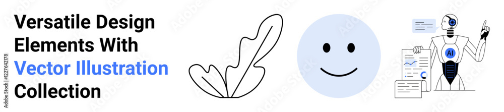 Robot pointing at data charts and graphs, leaf outline, blue happy face emoticon. Ideal for AI, data analysis, innovation, technology, creativity, digital concepts flat landing page banner Robot pointing at data charts and graphs, leaf outline, blue happy face emoticon. Ideal for AI, data analysis, innovation, technology, creativity, digital concepts flat landing page banner