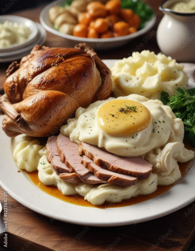 Gravy and mashed potatoes on the side of the turkey , side dish, comforting, mashed potatoes Gravy and mashed potatoes on the side of the turkey , side dish, comforting, mashed potatoes
