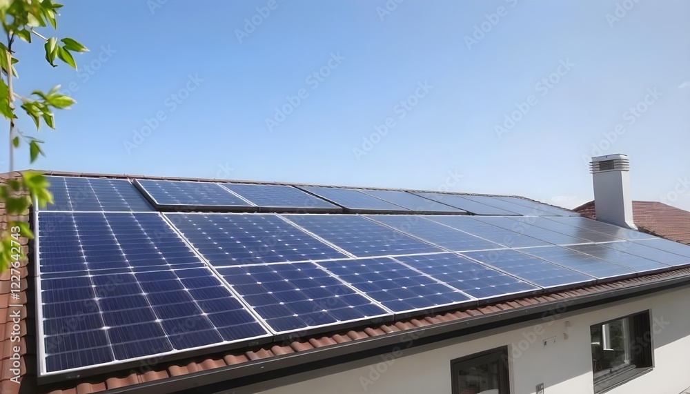 Photovoltaic solar panels installed on the roof of a modern house, showcasing sustainable energy solutions and eco-friendly technology in a contemporary residential setting Photovoltaic solar panels installed on the roof of a modern house, showcasing sustainable energy solutions and eco-friendly technology in a contemporary residential setting