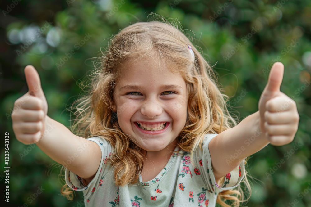 Joyful girl giving thumbs up, her face expressing happiness and delight, blurred greenery background. Joyful girl giving thumbs up, her face expressing happiness and delight, blurred greenery background.
