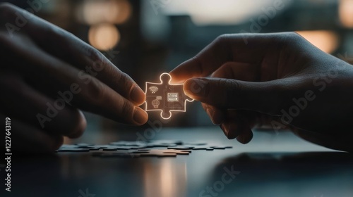 Unlock your business potential with strategic teamwork and problem-solving, symbolized by hands connecting glowing puzzle pieces. Boost collaboration efficiency.