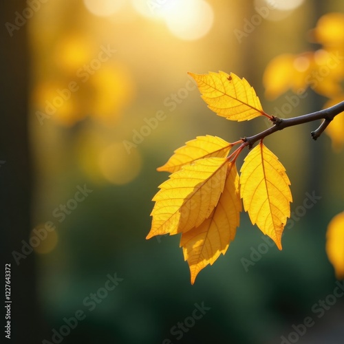 Golden leaves cling to dry twigs on a sunny branch, season, golden