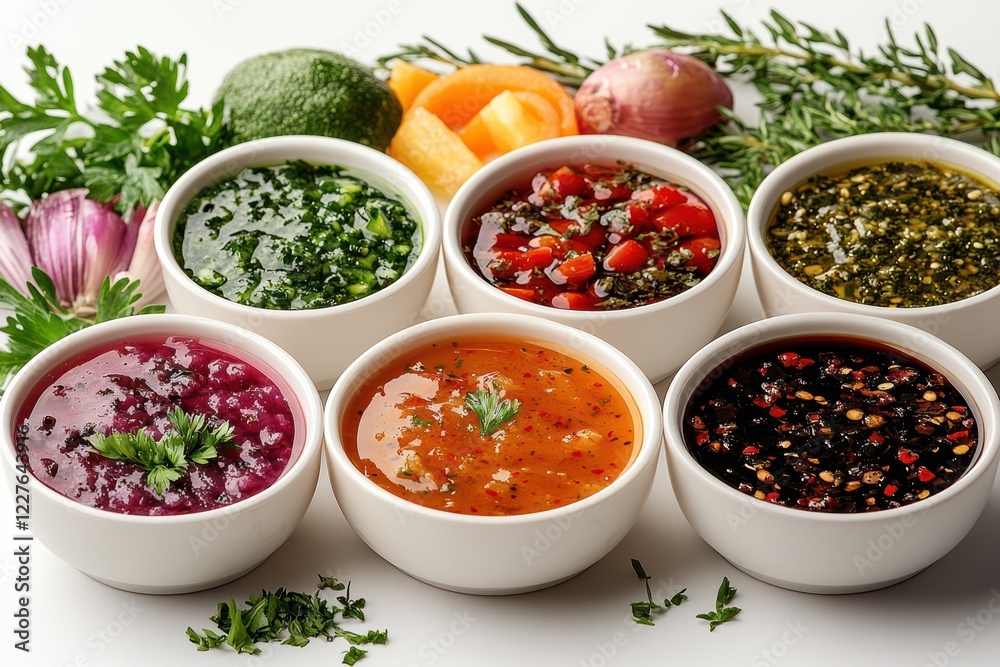A vibrant selection of six different salsas and sauces arranged in small bowls. Fresh herbs and vegetables surround the bowls, showcasing a lively kitchen atmosphere during meal preparation A vibrant selection of six different salsas and sauces arranged in small bowls. Fresh herbs and vegetables surround the bowls, showcasing a lively kitchen atmosphere during meal preparation