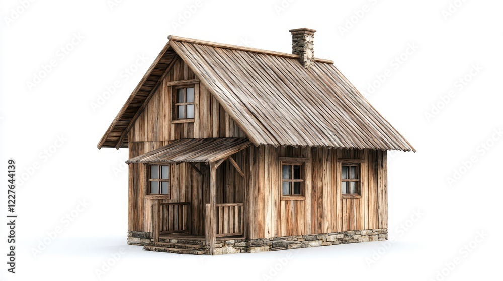 Rustic Wooden House with Stone Foundation in White Background Rustic Wooden House with Stone Foundation in White Background